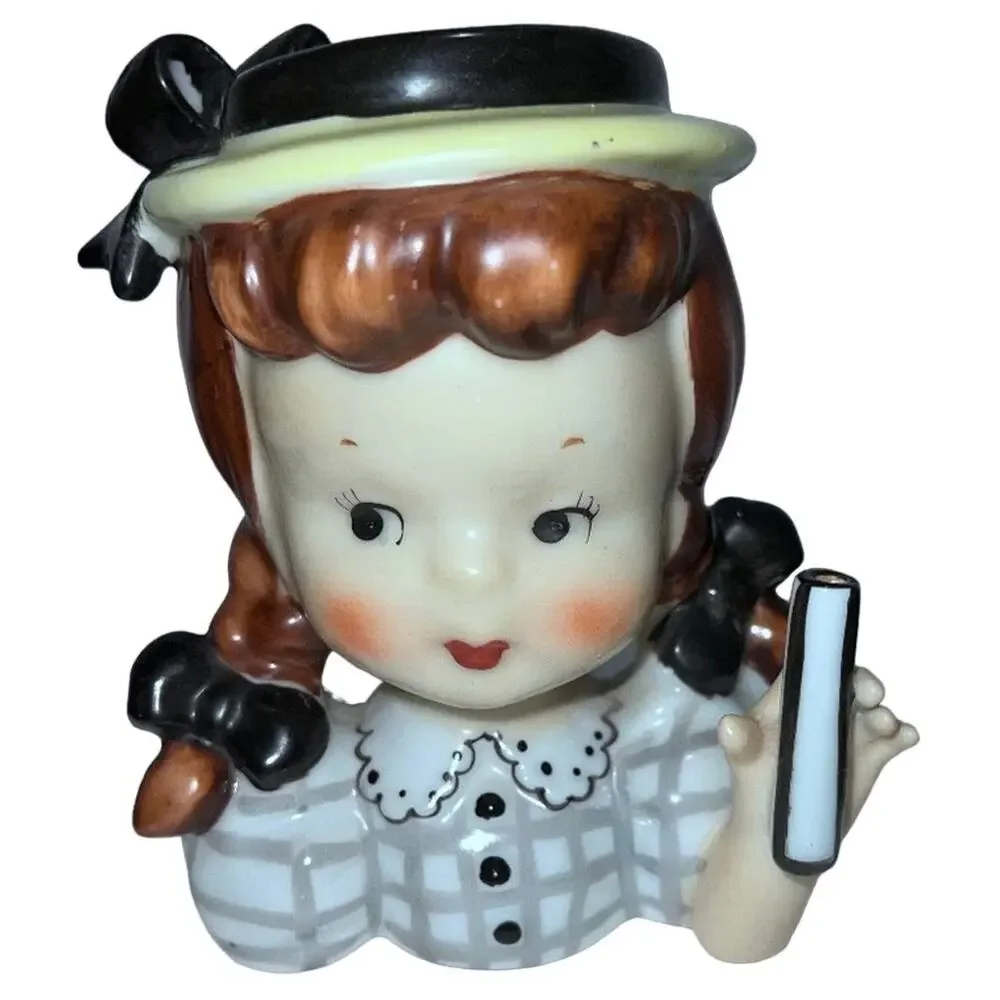 1950s Napco Head Vase Planter Girl with Pigtails & Black Bows - Japan Vintage